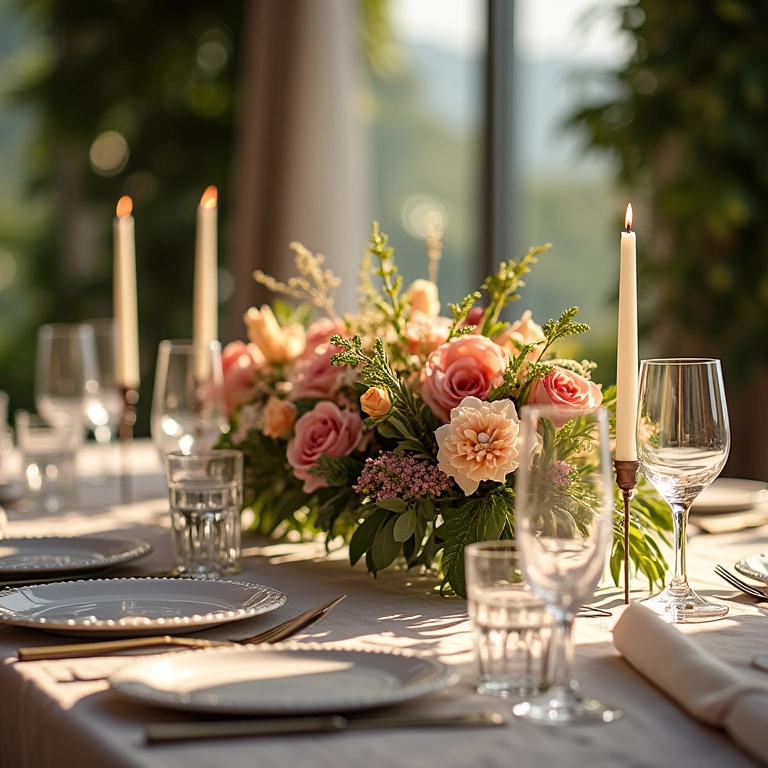Decoração de Mesa de Convidados: Guia Completo Mesa de casamento elegantemente decorada com flores exuberantes e iluminação suave.
