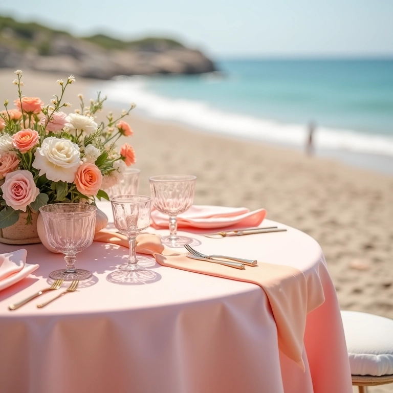 Mesa de casamento na praia com tons pastel rosa e pêssego.
