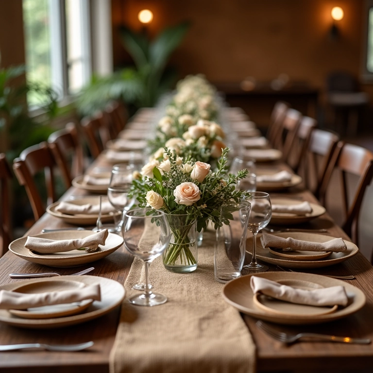 Mesa de casamento rústica com decoração vintage.