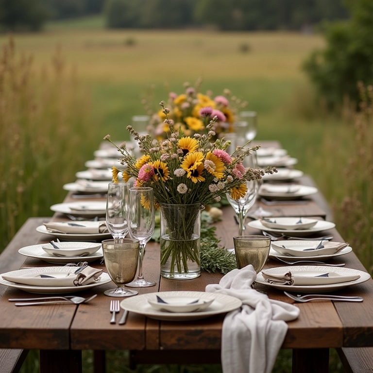 Mesa de casamento rústica em um sítio brasileiro.