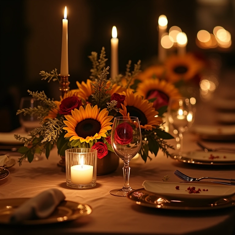 Mesa de jantar de noivado elegante com flores brasileiras.