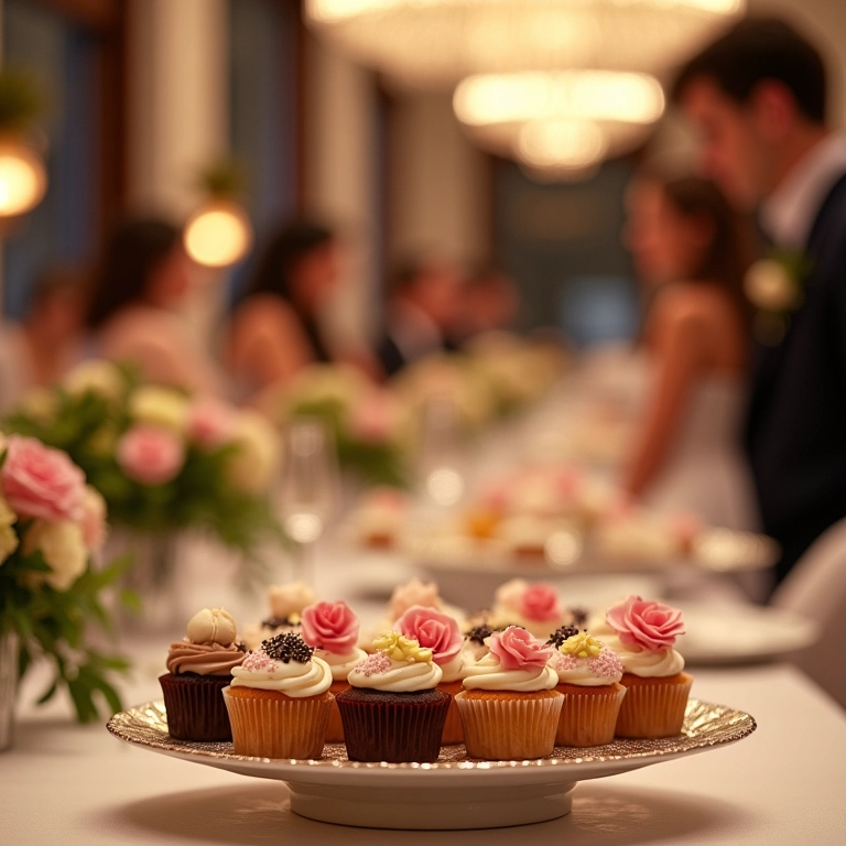 Mesa de recepção de casamento com cupcakes decorados.