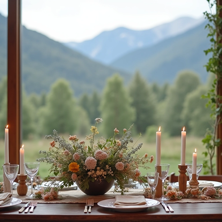 Mesa de recepção de casamento com decoração rústica e elegante.