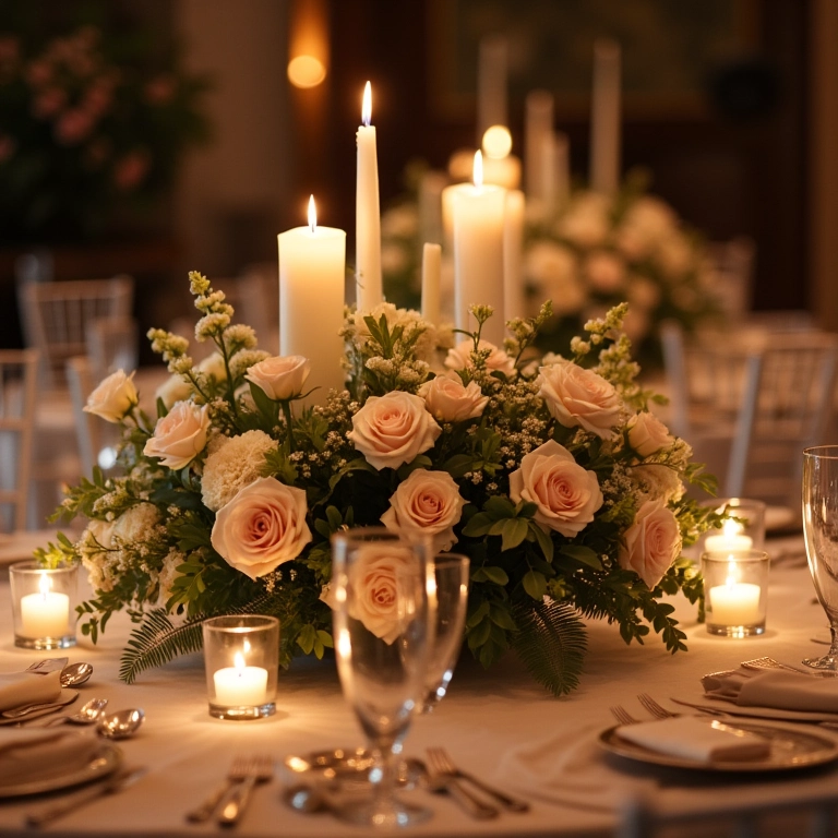 Mesa dos noivos com arranjo em cascata de rosas, hortênsias e folhagens.