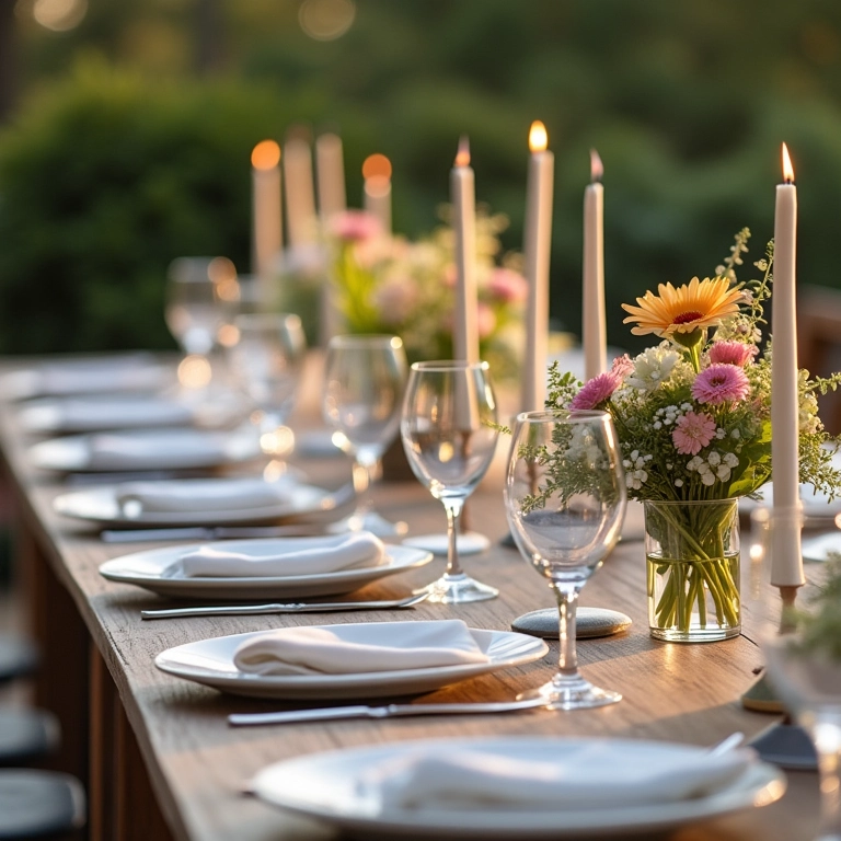 Mesa posta para casamento com elementos essenciais: pratos, talheres, copos e guardanapos.