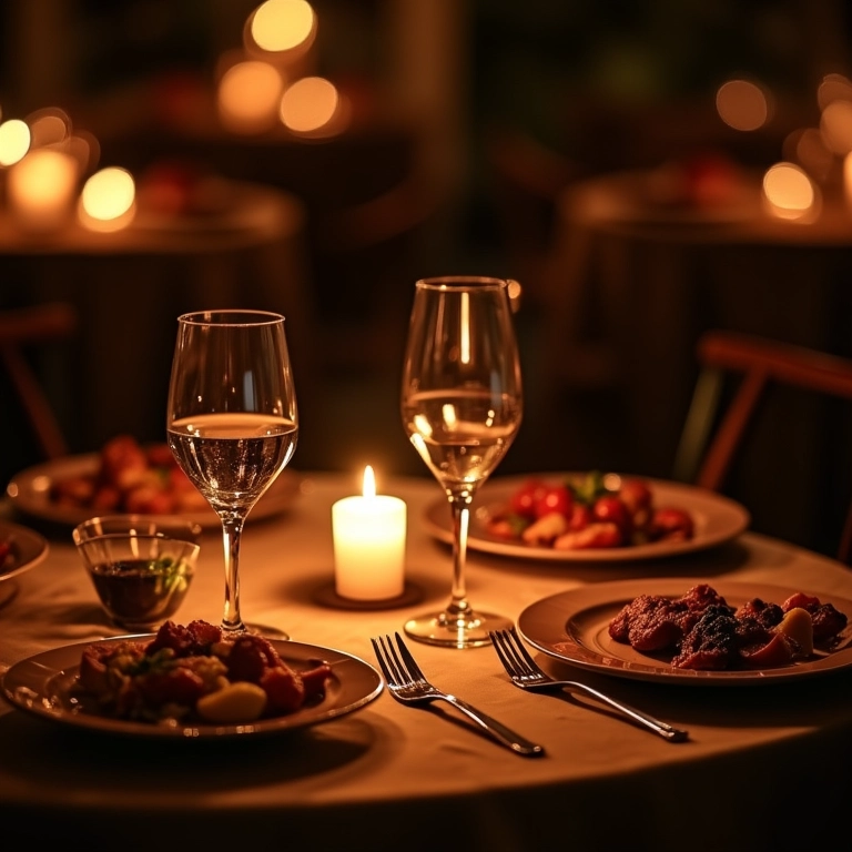 Mesa posta para jantar romântico à luz de velas.