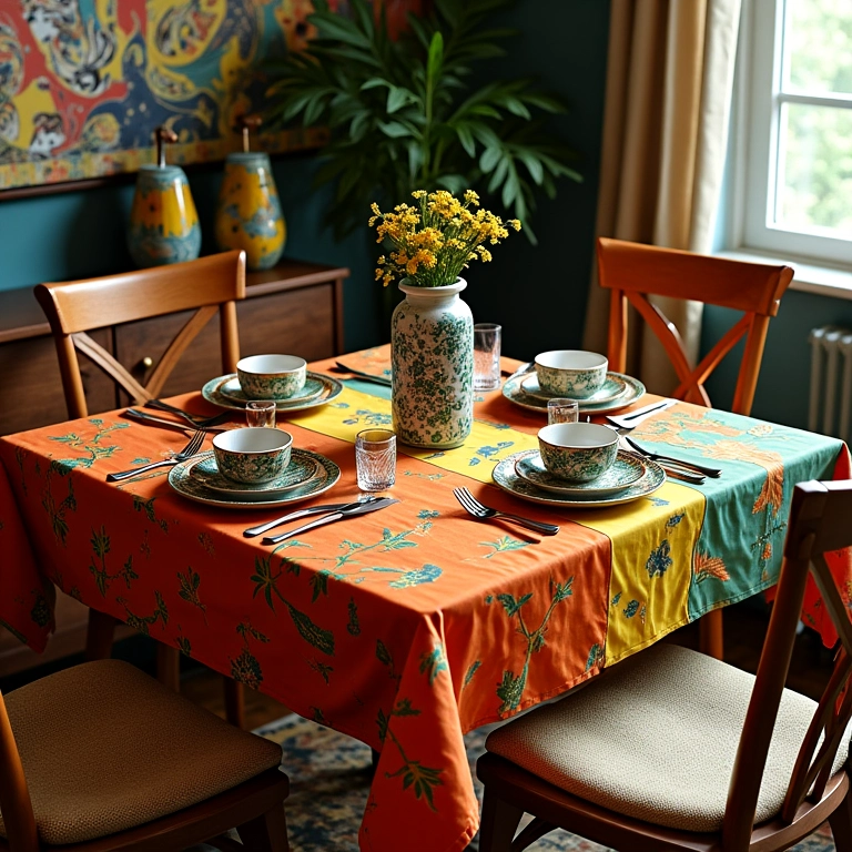 Mesa quadrada decorada com cores vibrantes e padrões ousados.