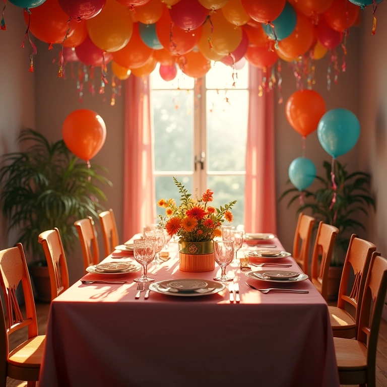 Mesa retangular como centro da festa, com decorações vibrantes, balões e serpentinas.