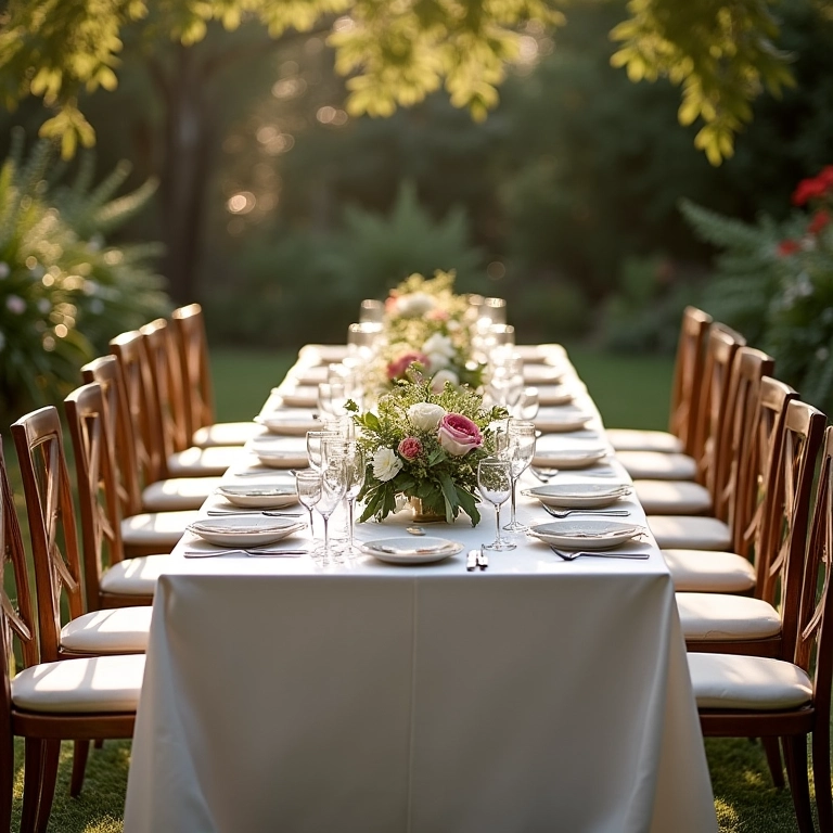 Mesa retangular em locação ideal para casamento, com jardim ao fundo, luz natural e decoração floral.