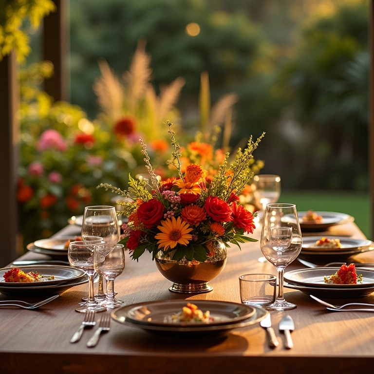 Mesas Retangulares: O Estilo das Mesas Imperiais Mesa retangular ricamente decorada com centro de mesa floral exuberante, louças finas e iluminação aconchegante.