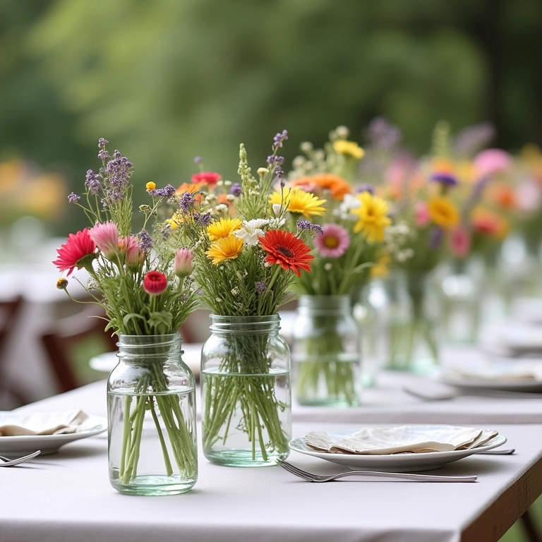 Mesas de convidados decoradas com charmosos arranjos de flores do campo em potes de vidro.