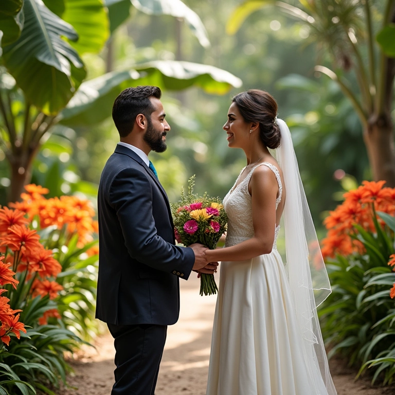 Micro wedding ao ar livre em jardim tropical, na melhor época do ano.