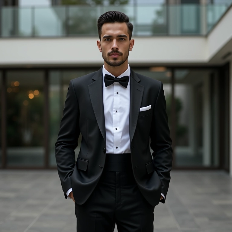 Modelo vestindo smoking slim da Camargo Alfaiataria.