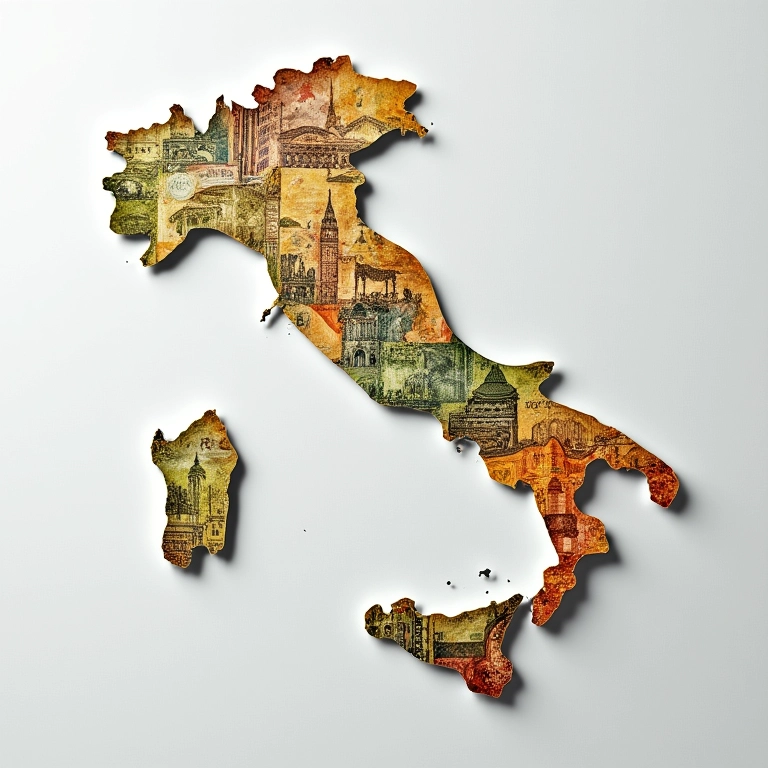 Moedas e notas de euro sobre mapa da Itália.