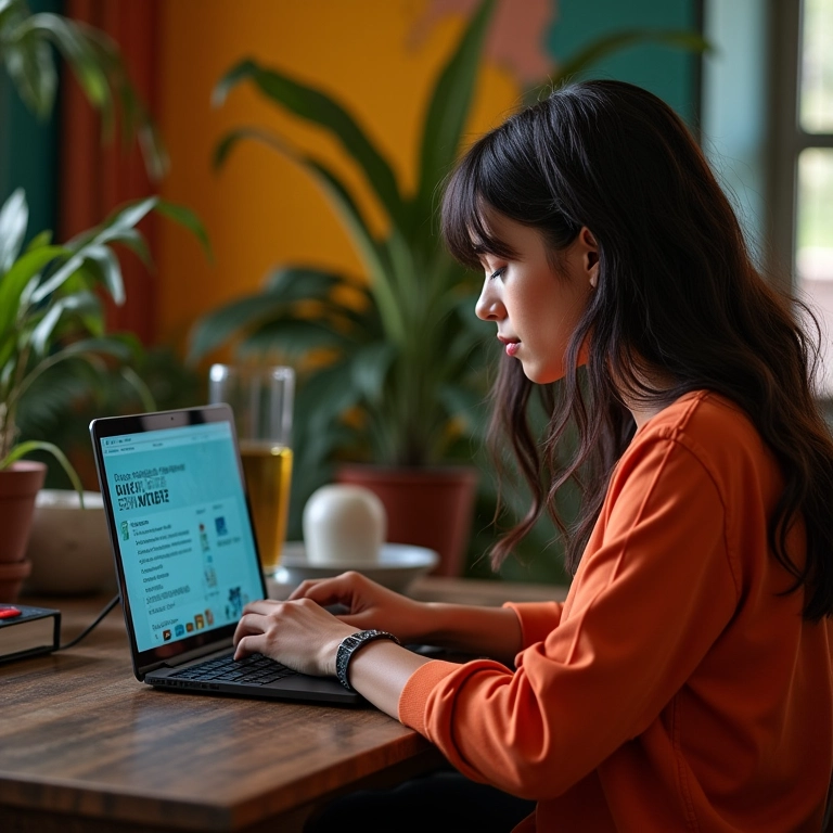 Mulher analisa portfólio de fotógrafo online, casa colorida com decoração brasileira.
