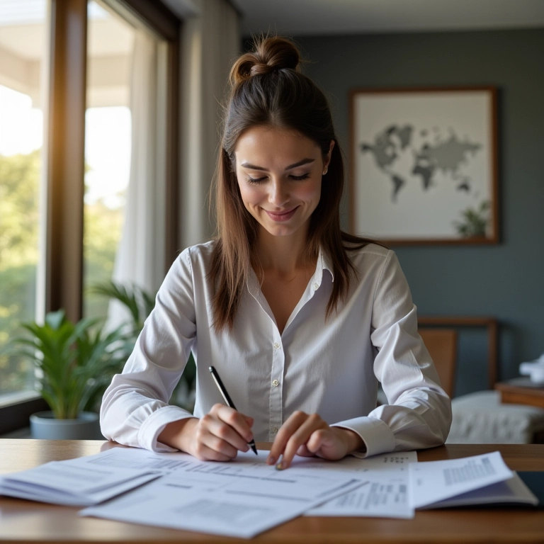Mulher analisando documentos financeiros, representando a importância da análise individual antes do casamento.