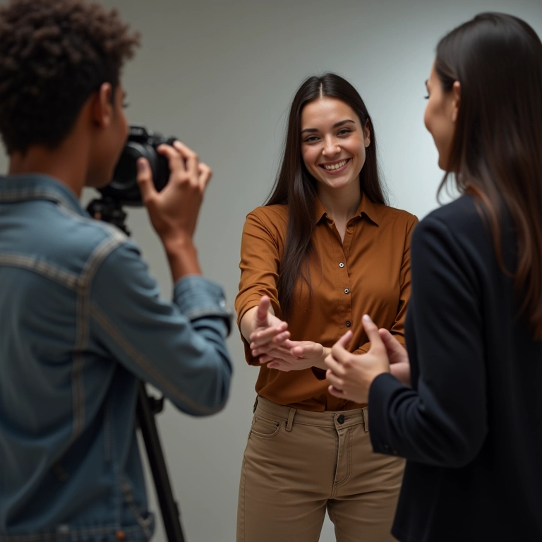 Mulher apertando a mão de fotógrafo, sorrindo e demonstrando confiança.