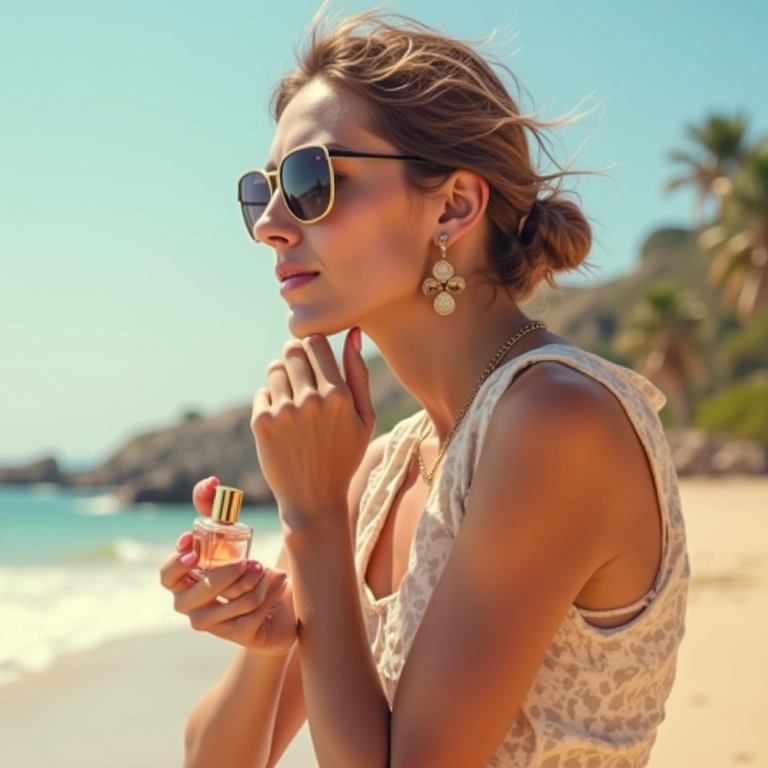 Mulher aplicando perfume no pulso em um dia quente de verão.