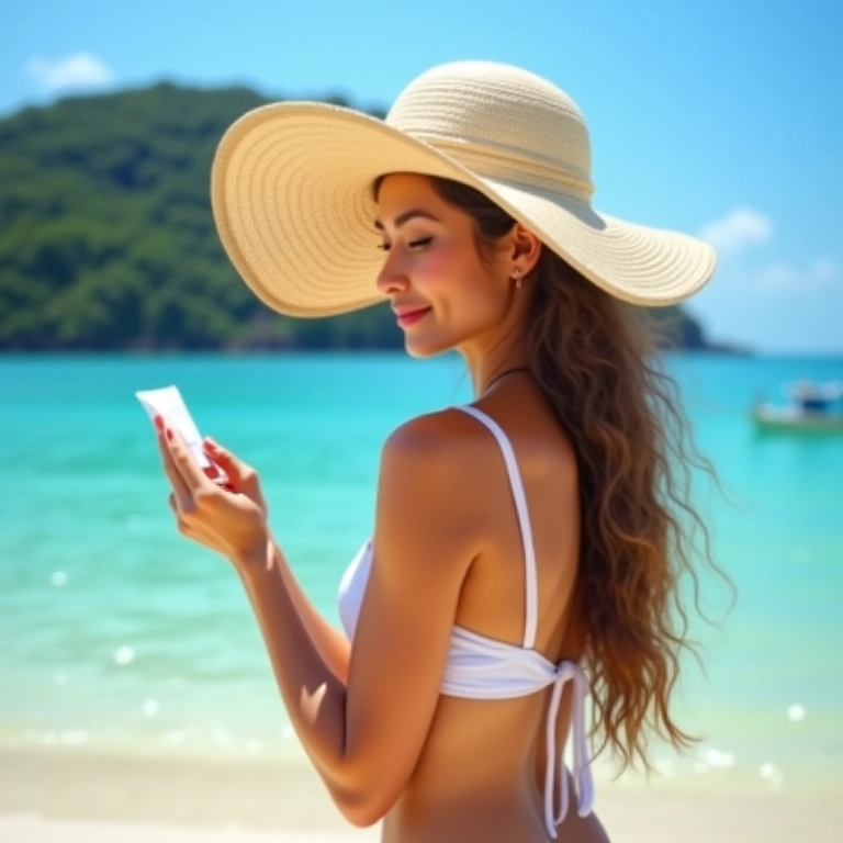 Mulher aplicando protetor solar na praia em Phi Phi.