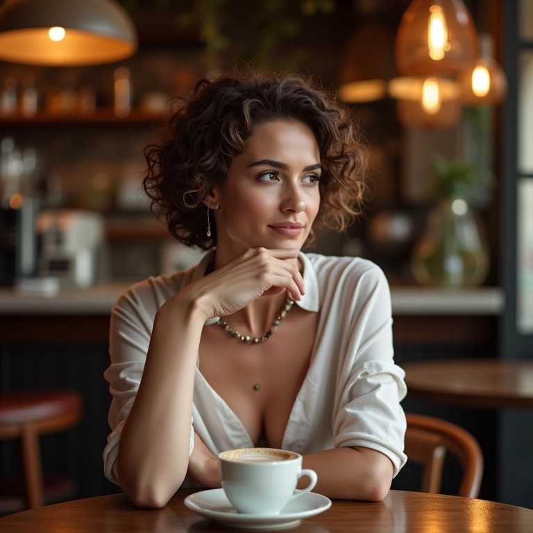 Mulher apreciando um camafeu de nozes em um café charmoso.