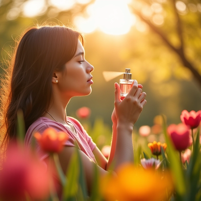 Mulher borrifando perfume em um jardim florido na primavera.