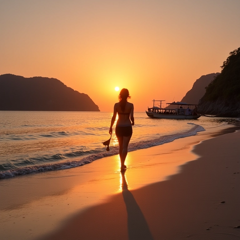 Mulher caminhando na praia em Phi Phi ao pôr do sol.