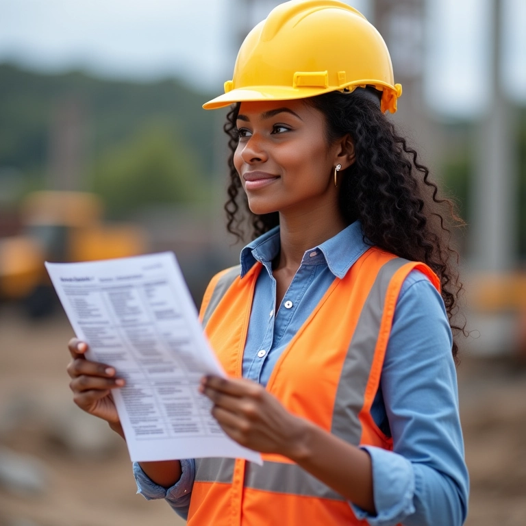 Mulher com checklist detalhado em visita técnica.