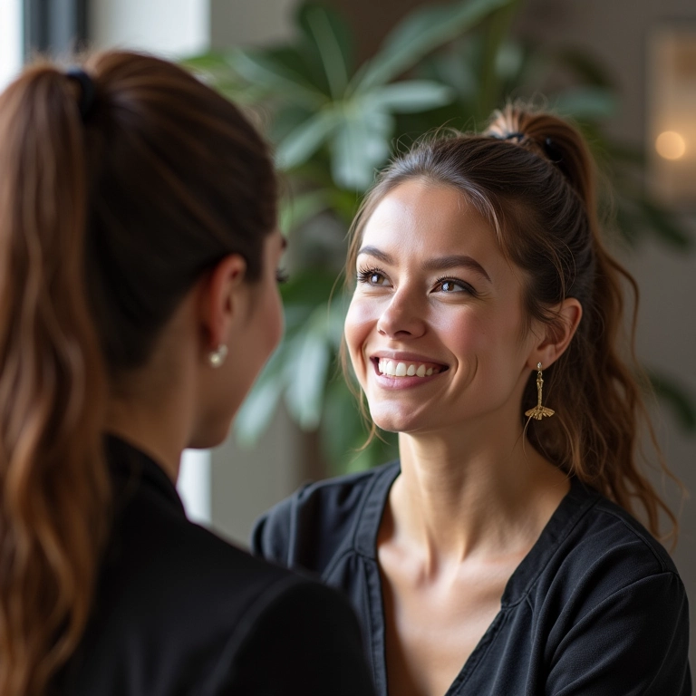Mulher consultando um profissional de design de sobrancelha em um salão.
