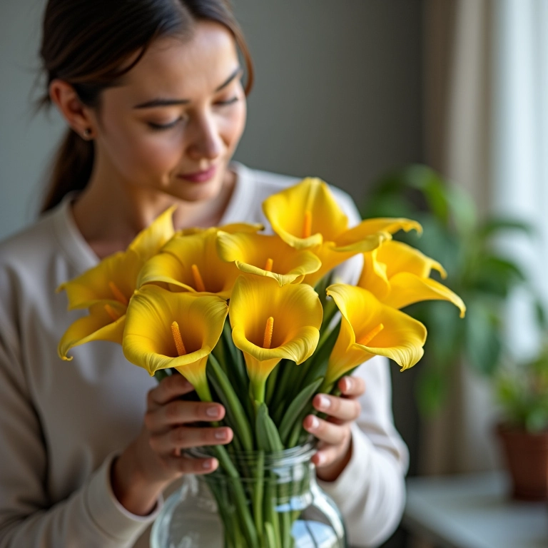 Mulher cuidando de buquê de callas
