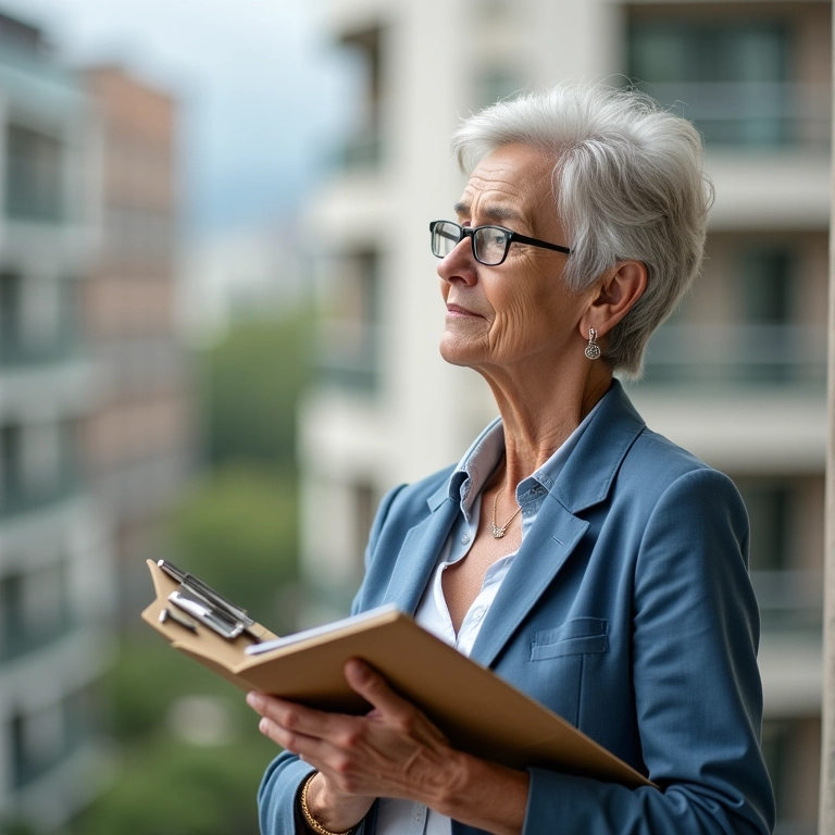 Mulher de meia-idade observa estrutura de prédio com prancheta, demonstrando análise crítica.
