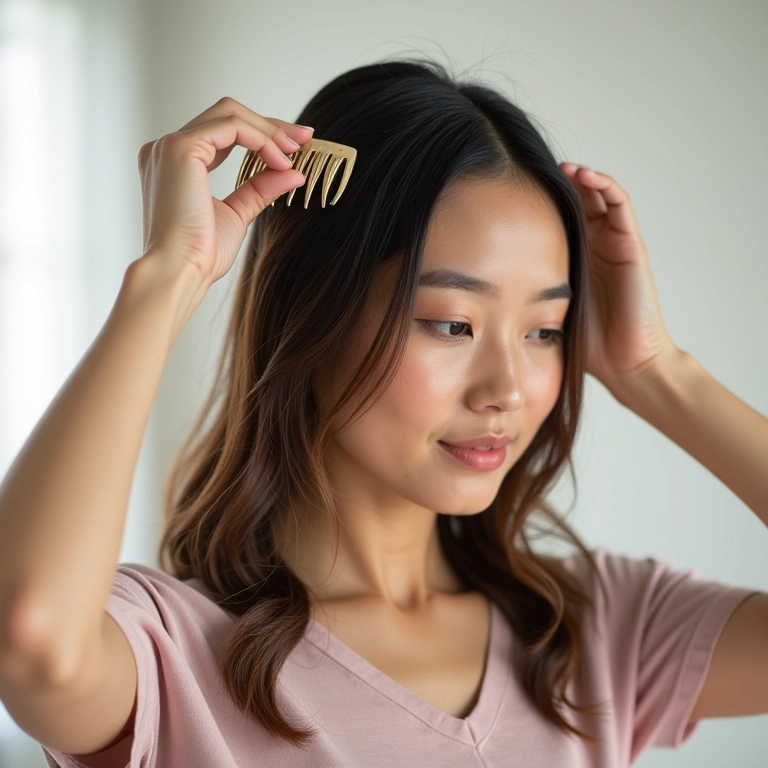 Mulher demonstrando como fixar um pente no cabelo.