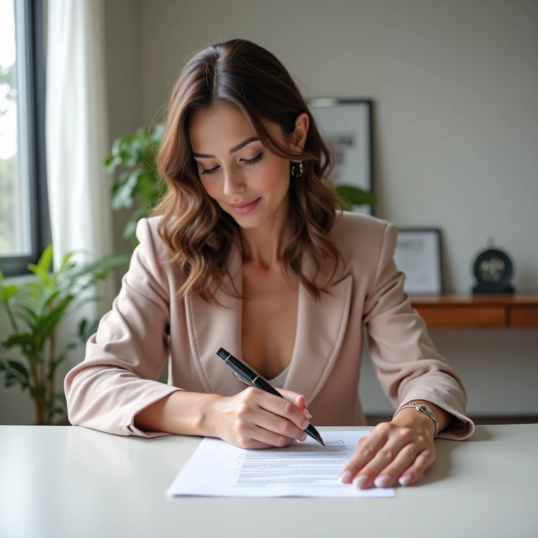 Mulher elegante assinando acordo de Separação Total de Bens em casa