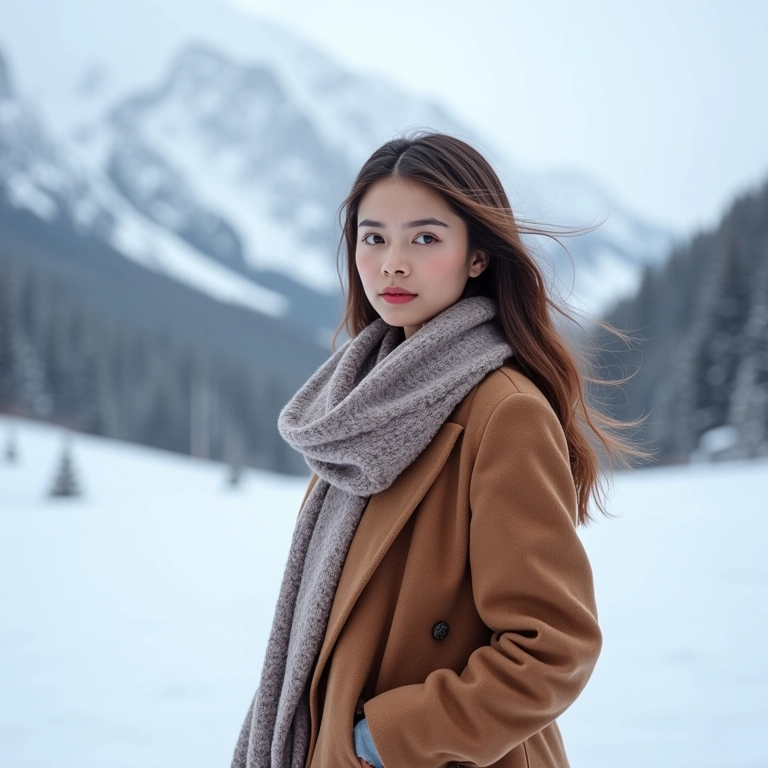 Mulher elegante com casaco de inverno em paisagem nevada.