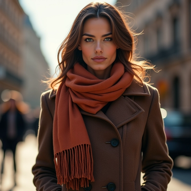 Mulher elegante com casaco e cachecol.