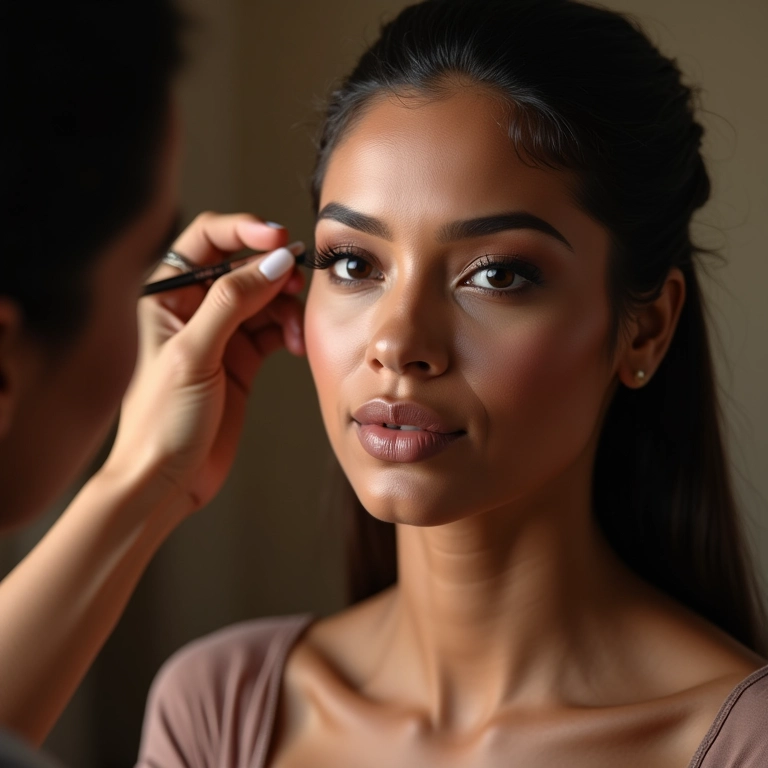 Mulher elegante sendo maquiada por um profissional.