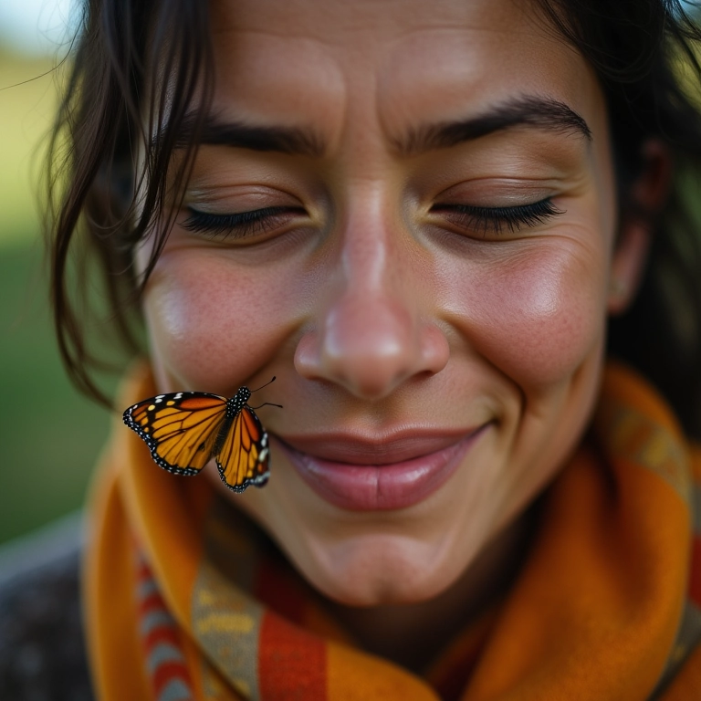 Mulher emocionada durante soltura de borboletas, lágrimas de alegria.