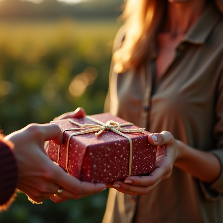 Mulher entregando ao parceiro um presente lindamente embrulhado com uma nota sincera.