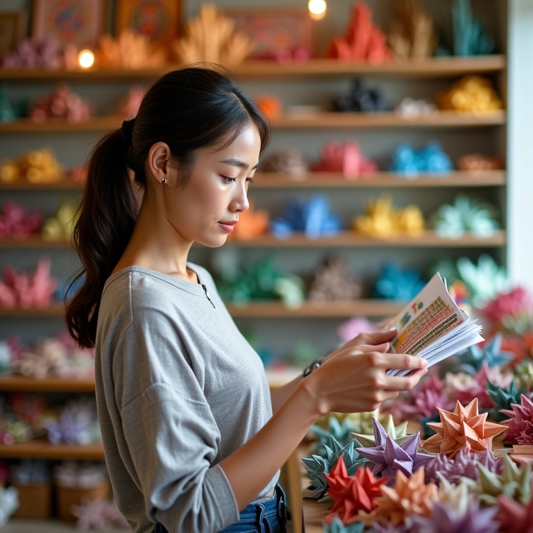 Mulher escolhendo papéis de origami em uma loja de artesanato.