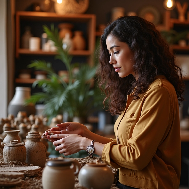 Mulher escolhendo presentes de decoração em loja com artesanato brasileiro.