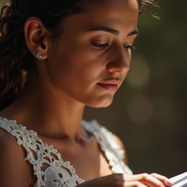 Mulher escrevendo votos de casamento com emoção e sinceridade.