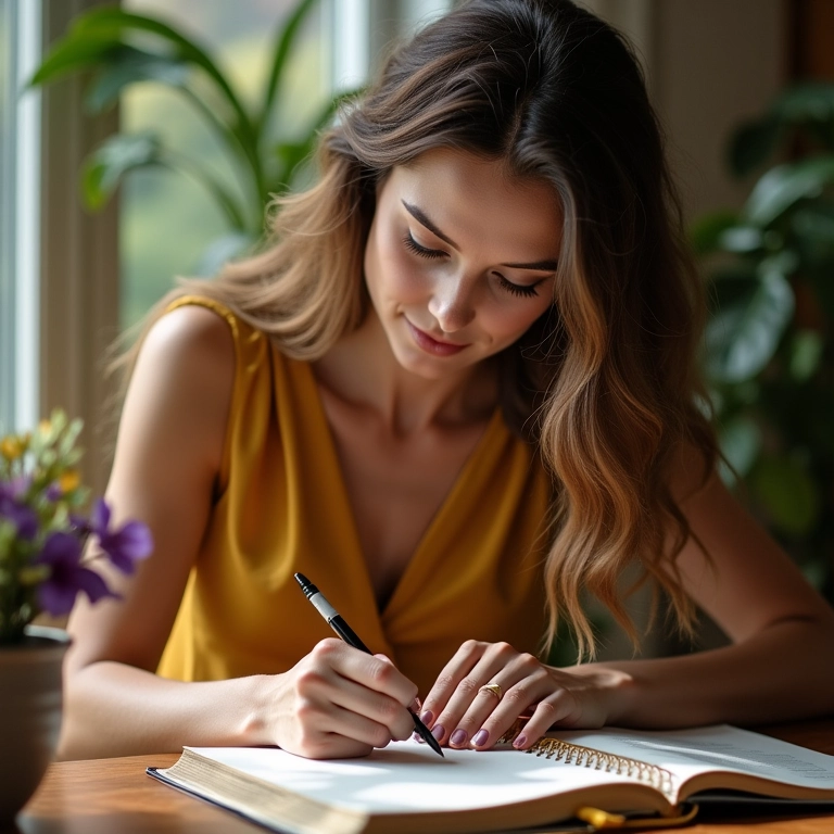 Mulher escrevendo votos de casamento personalizados em um caderno.