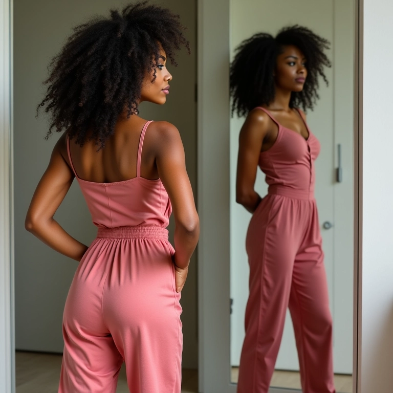 Mulher experimentando macacões de festa em frente ao espelho.