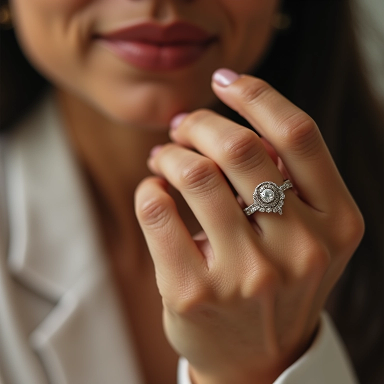 Mulher experimentando usar aliança de casamento em outros dedos.