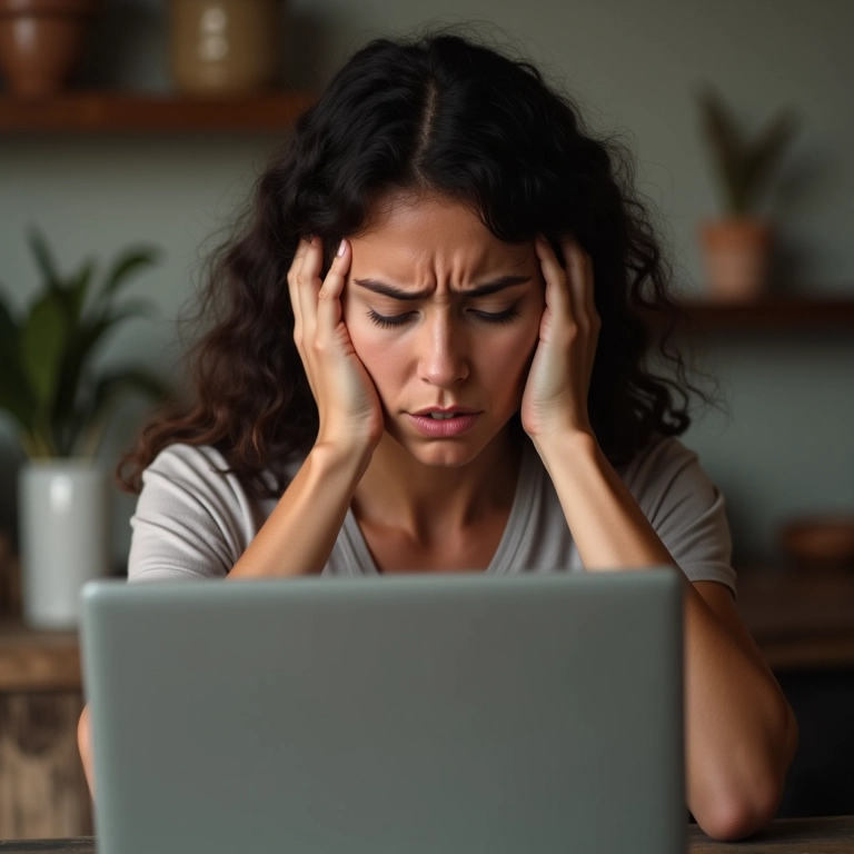 Mulher frustrada olhando e-mail sobre atraso na entrega das fotos.