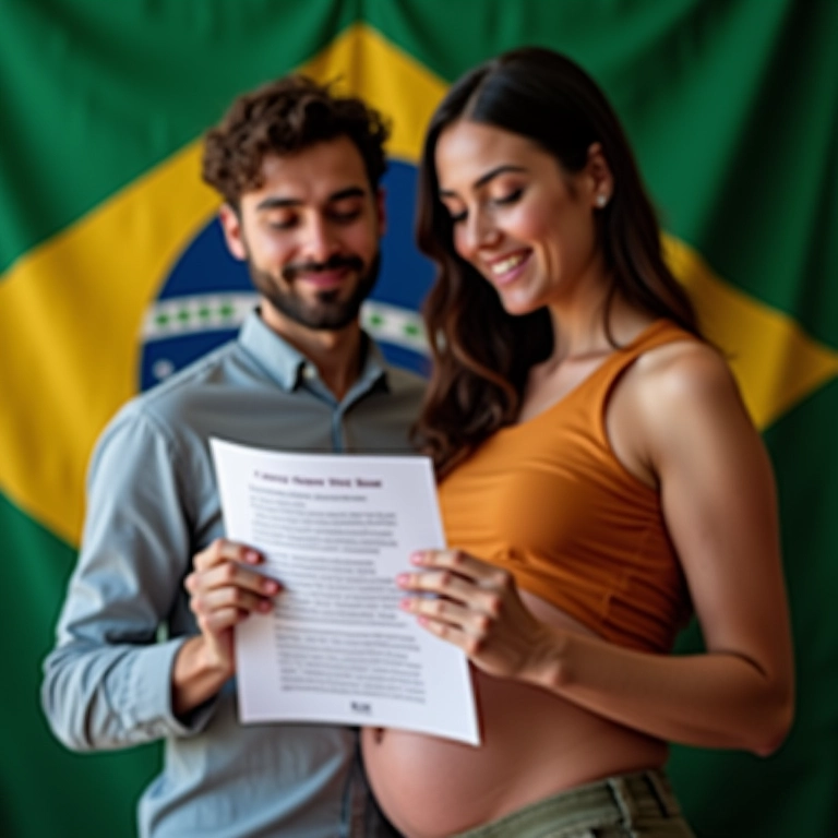Mulher grávida conhece seus direitos no Brasil com apoio do parceiro.