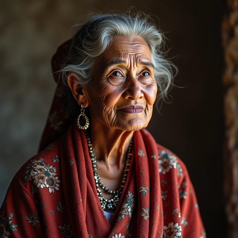 Mulher indígena contando a origem do casamento com pajelança.