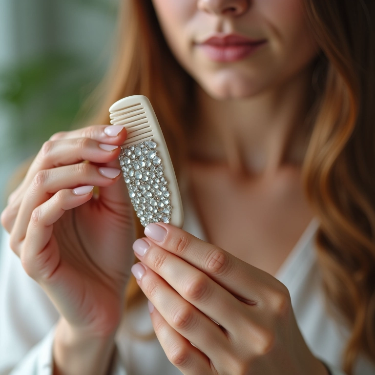 Mulher limpando pente de cabelo com pedrarias.