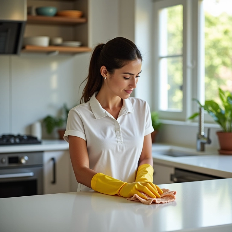 Mulher limpando um sousplat em cozinha moderna.