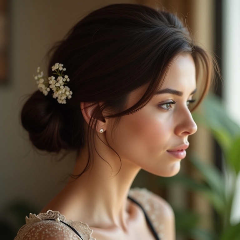 Mulher morena com penteado elegante e pente lateral delicado.