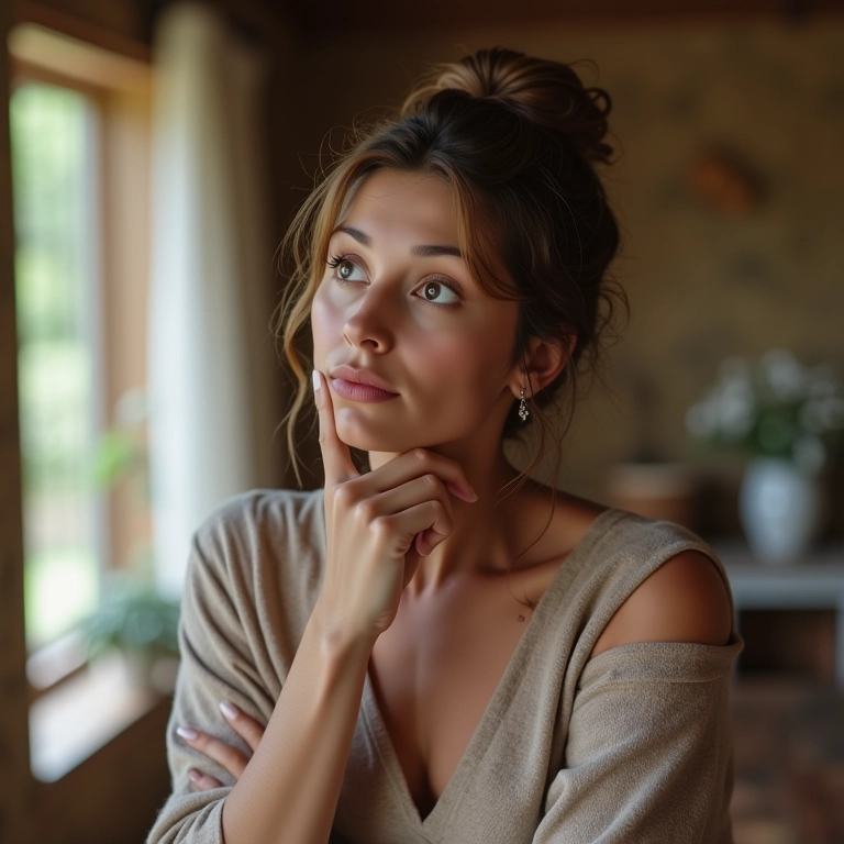 Mulher pensando se deve fazer um chá de cozinha.